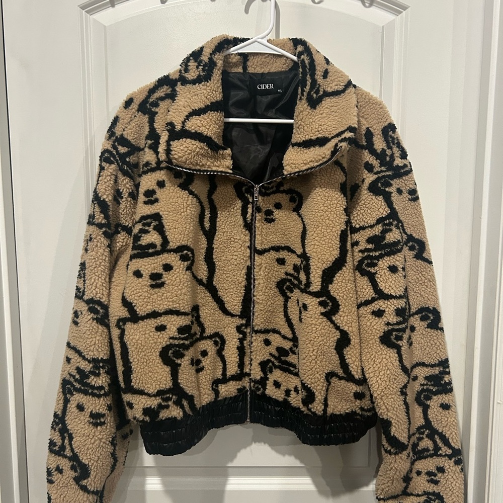 Cider Beige and Black Bear Pattern women’s Puffer Jacket